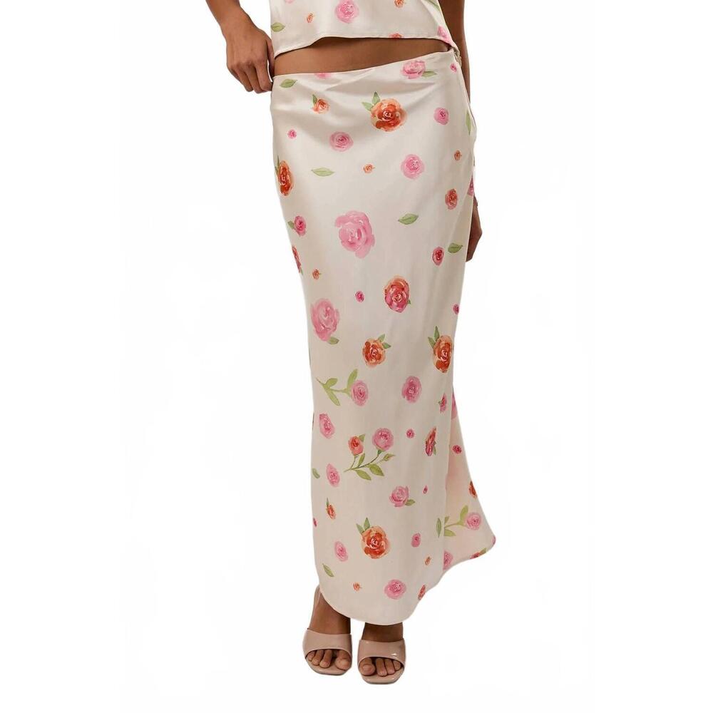 NEW LE LIS bias-cut midi skirt in cream-rose floral
